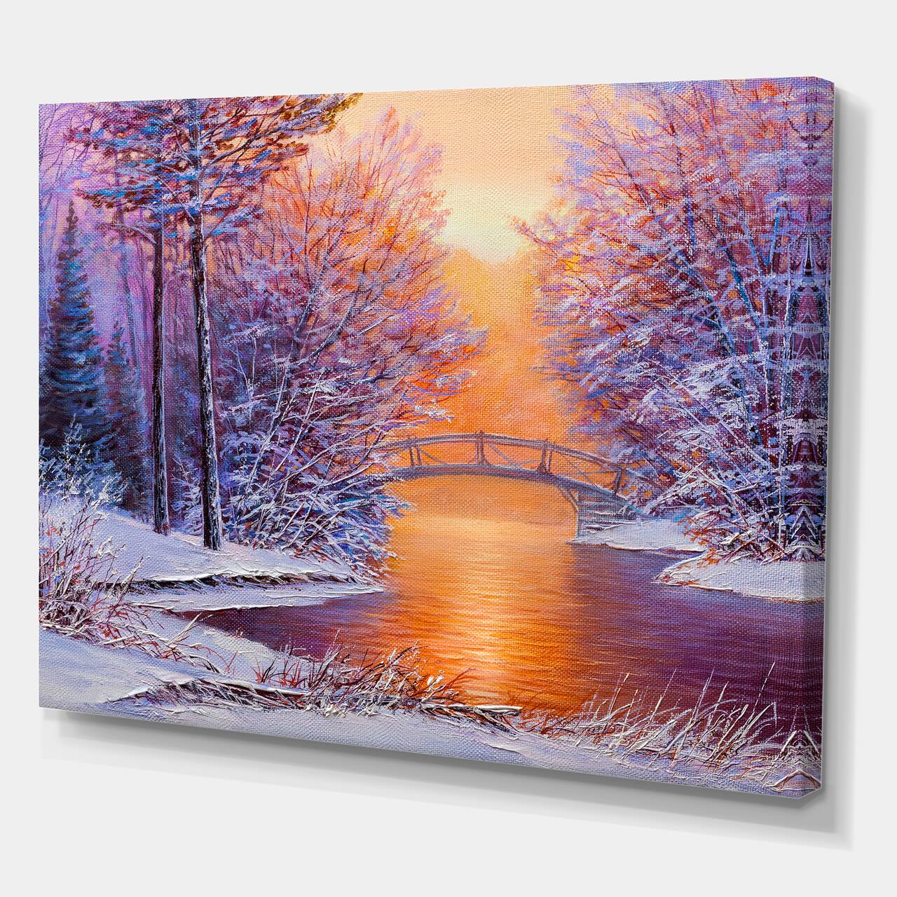 Designart - Bridge Over The River In Winter Landscape - Traditional Canvas Wall Art Print